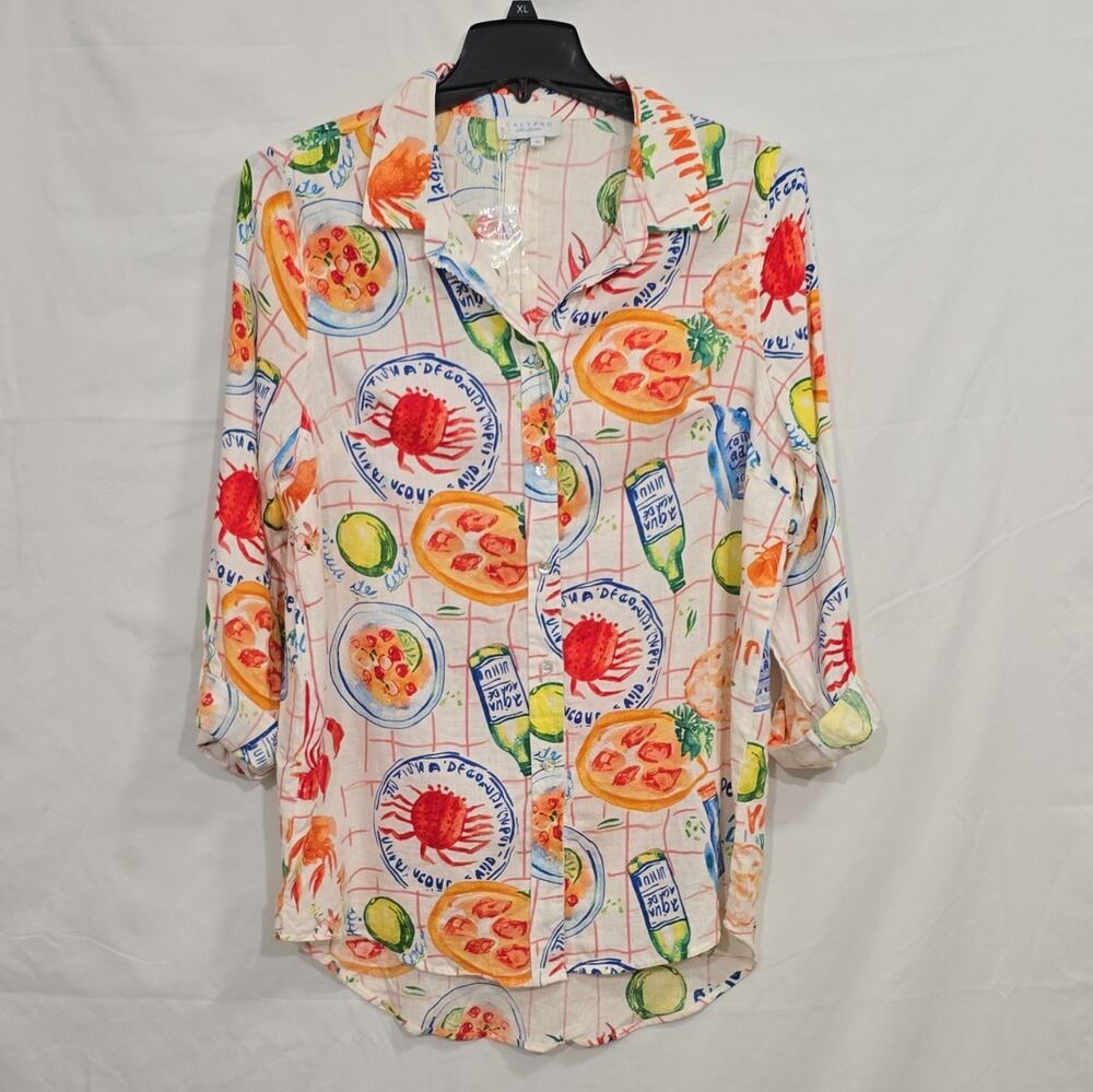 Calypso St. Barth Womens XL Multicolor Food Graphic Button-Up Collared Linen